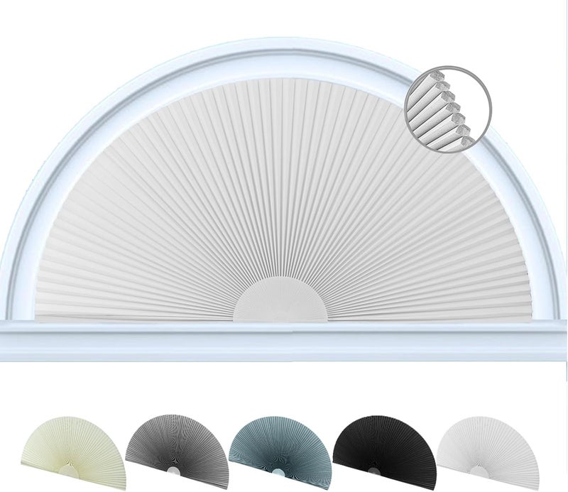 Jlong Small Arch Window Shade Blackout Half Circle Moon Pleated No Drill Blinds for Windows Semicircular Cellular Shades Half Round Window Covering Easy Install (1, White, WxH: 24"x12"（Radius: 12"）) - Image 1